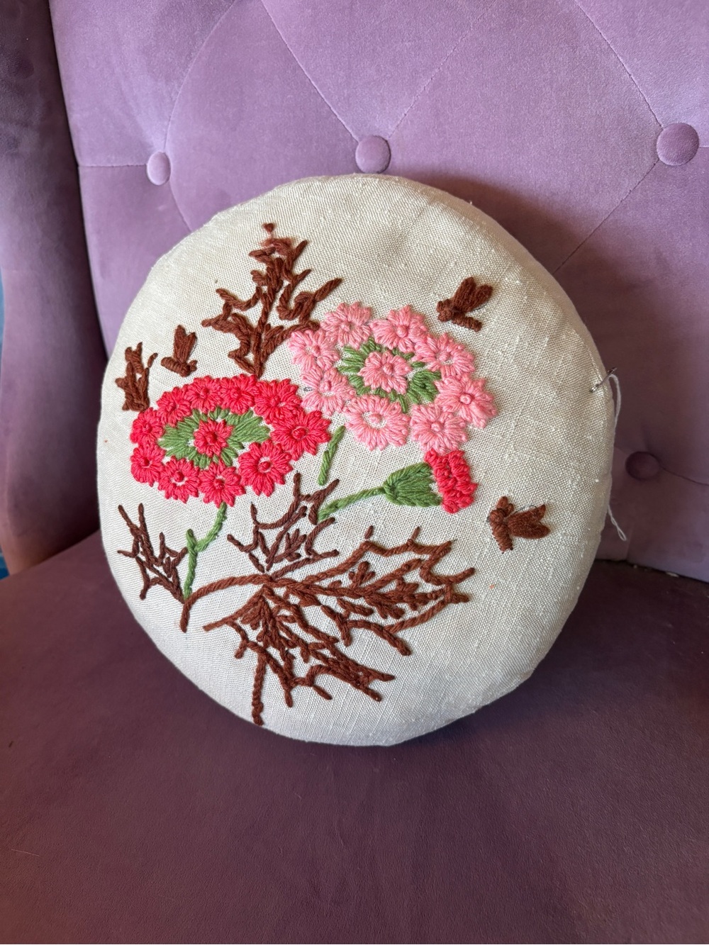 Hand-Embroidered Pink and Red Floral round pillow